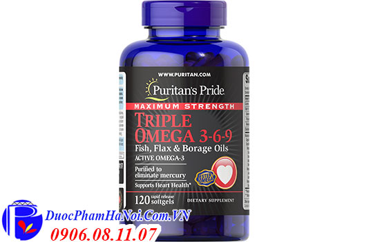 Puritan's pride maximum strength triple omega 3-6-9 fish flax & borage oils 120 viên