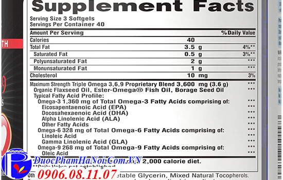 Puritan's pride maximum strength triple omega 3-6-9 fish flax & borage oils 120 viên