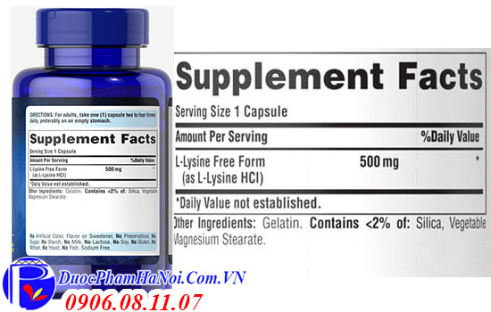 Puritan's Pride L-lysine 500mg 100 viên